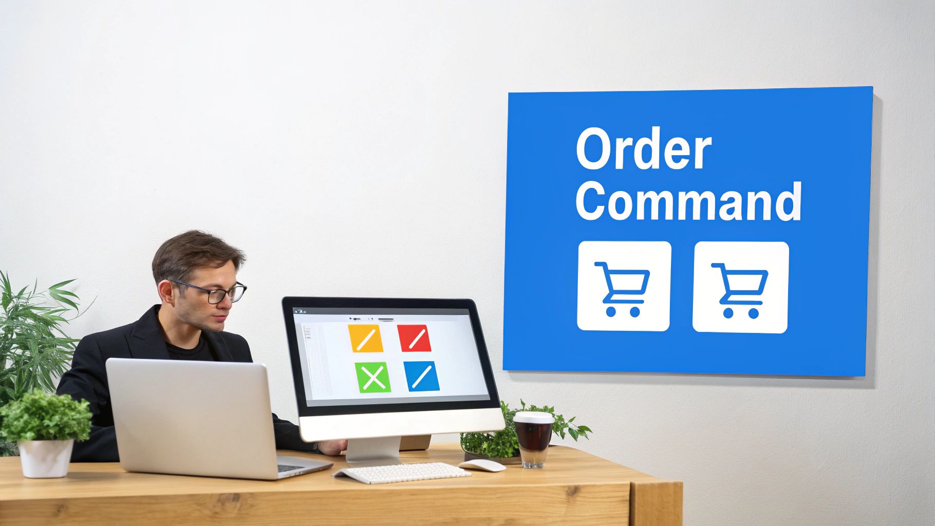 Business professional working on laptop with order command system and shopping cart icons displayed