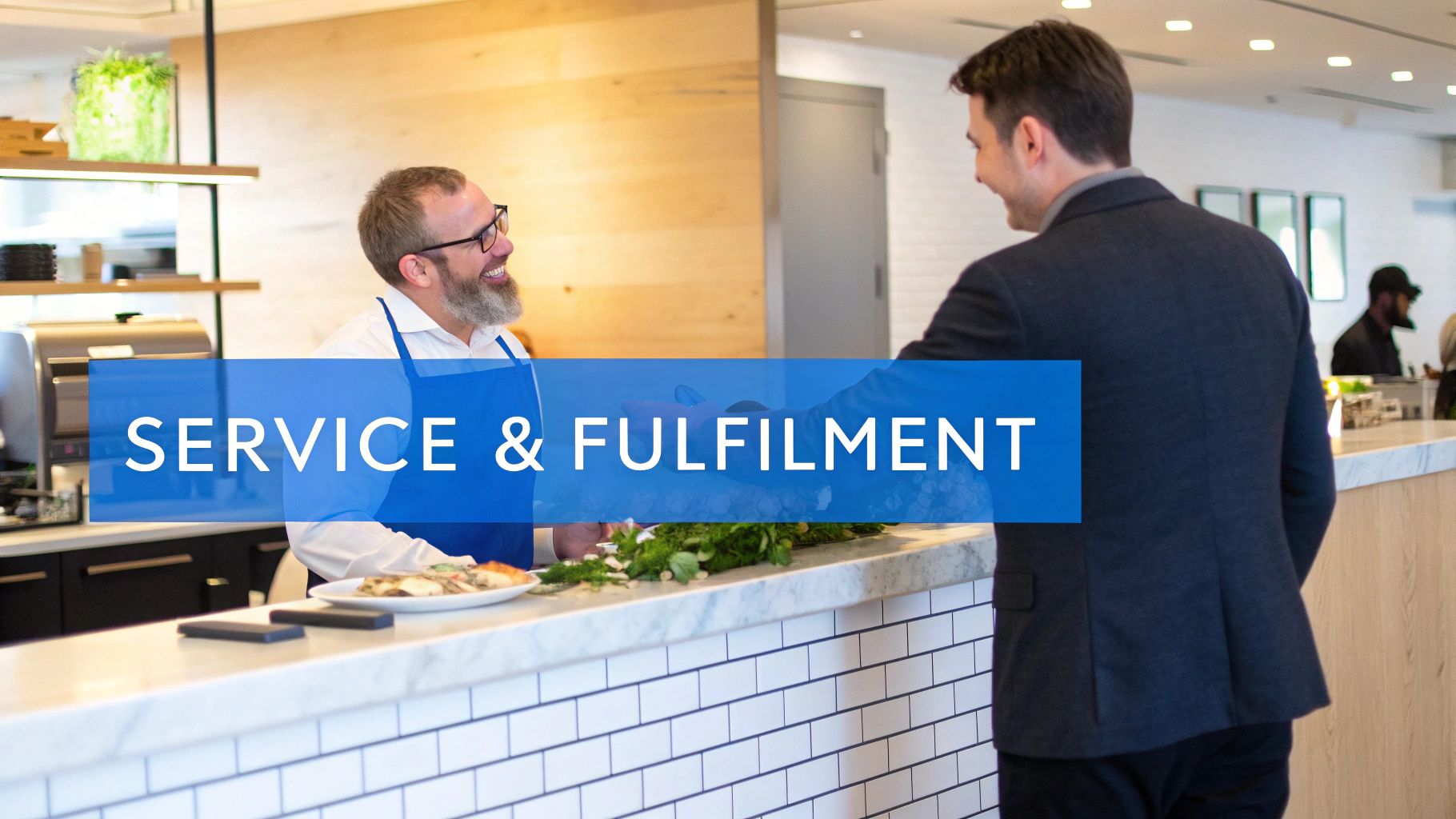 Food service employee in blue apron serving customer at modern restaurant counter with fresh ingredients