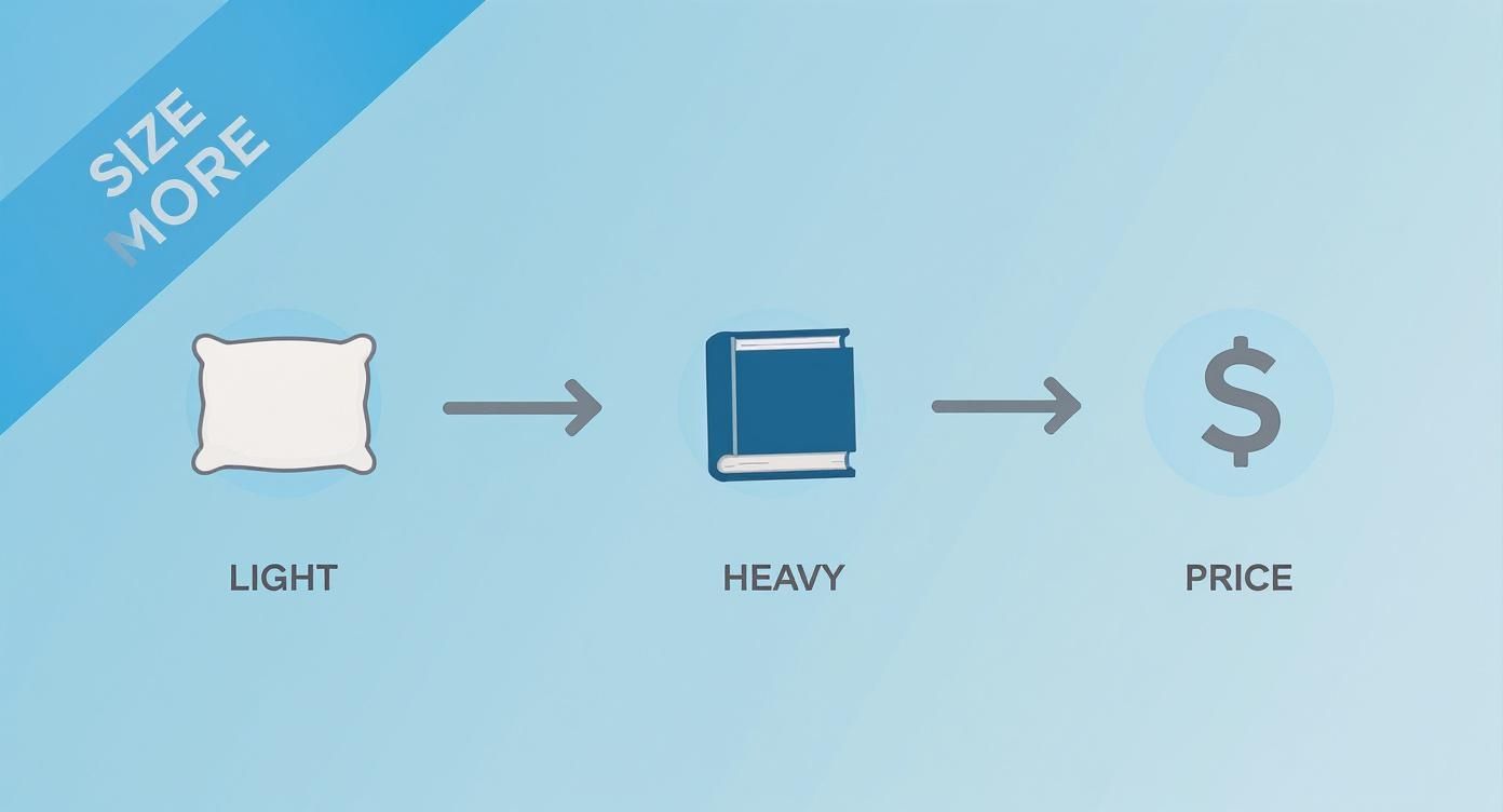 Infographic showing relationship between size, weight and shipping price with pillow, book and dollar sign icons