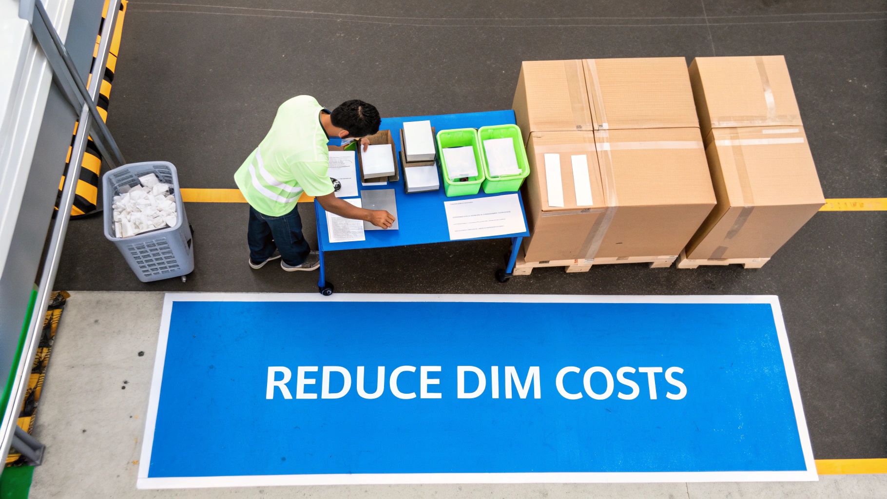 Warehouse worker processing packages at station with sign promoting reduced dimensional weight costs