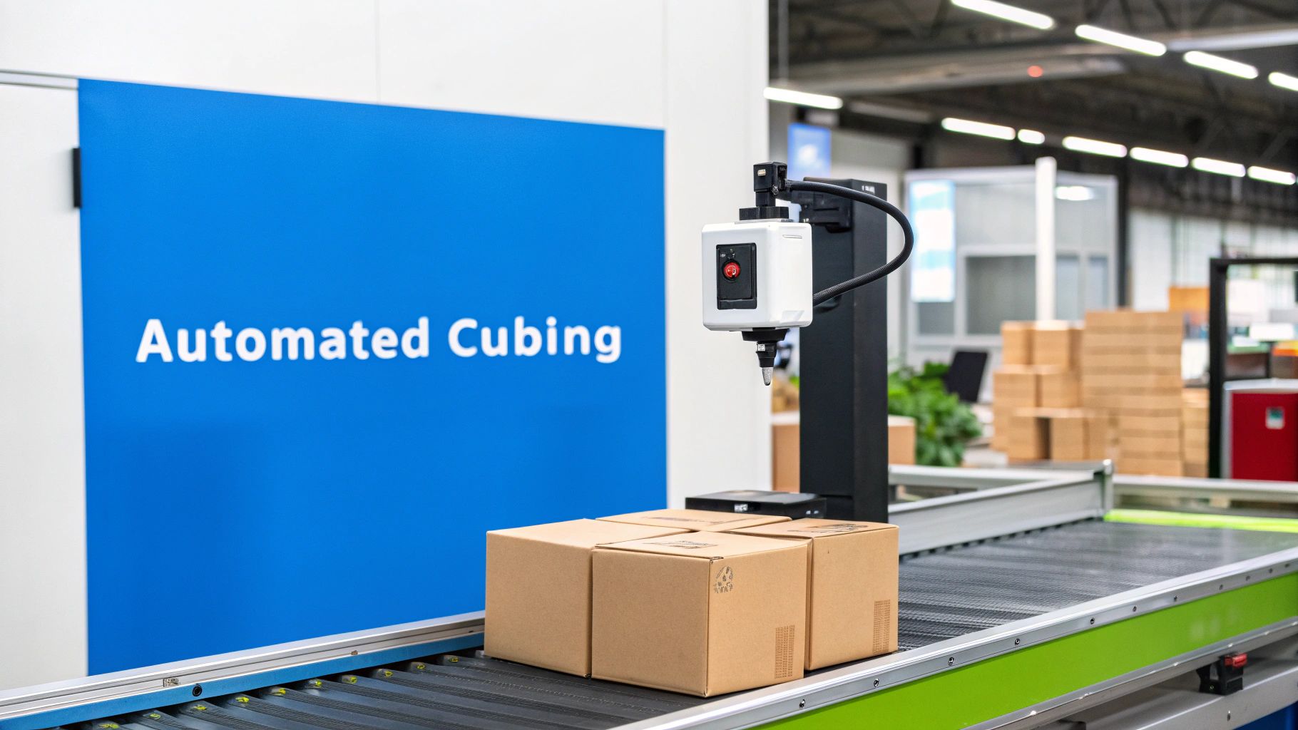 Automated cubing system measuring cardboard boxes on conveyor belt for volumetric weight calculation