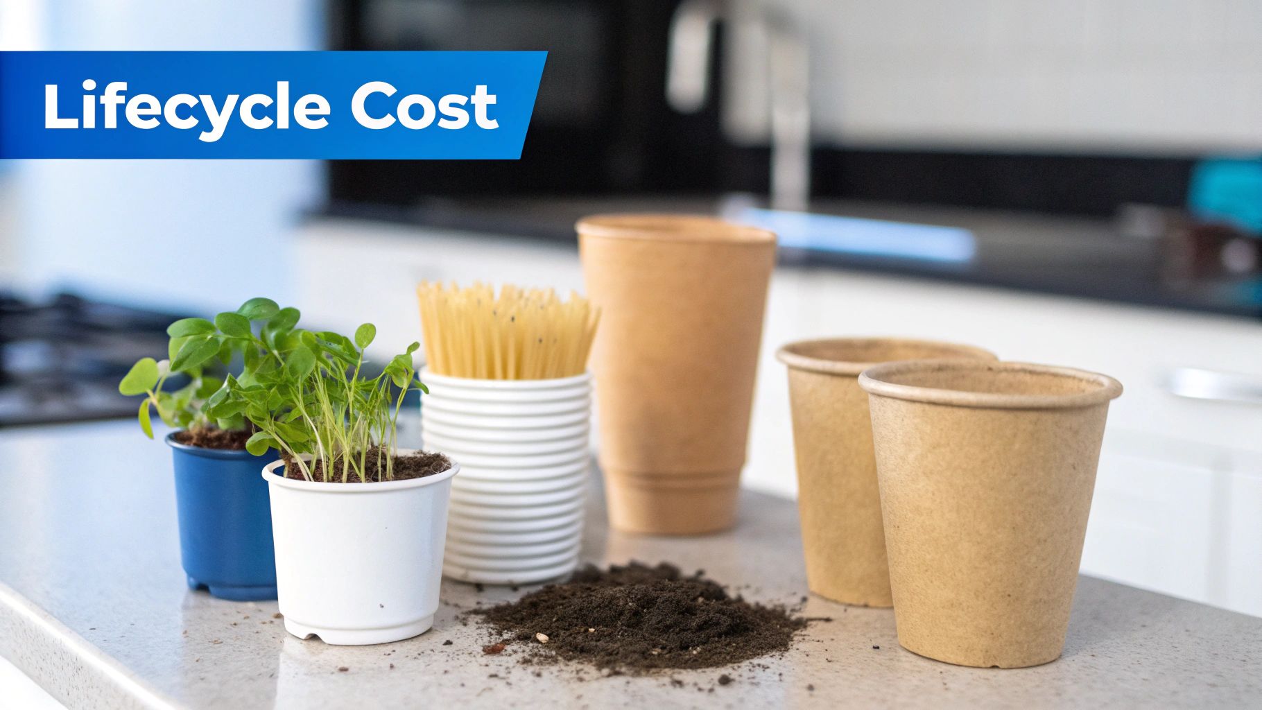 Potted plants, soil, and biodegradable cups on a kitchen counter, illustrating lifecycle costs.