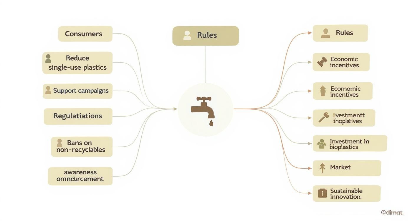 Mind map illustrating rules, consumer actions, regulations, and economic incentives for plastic reduction and sustainable innovation.