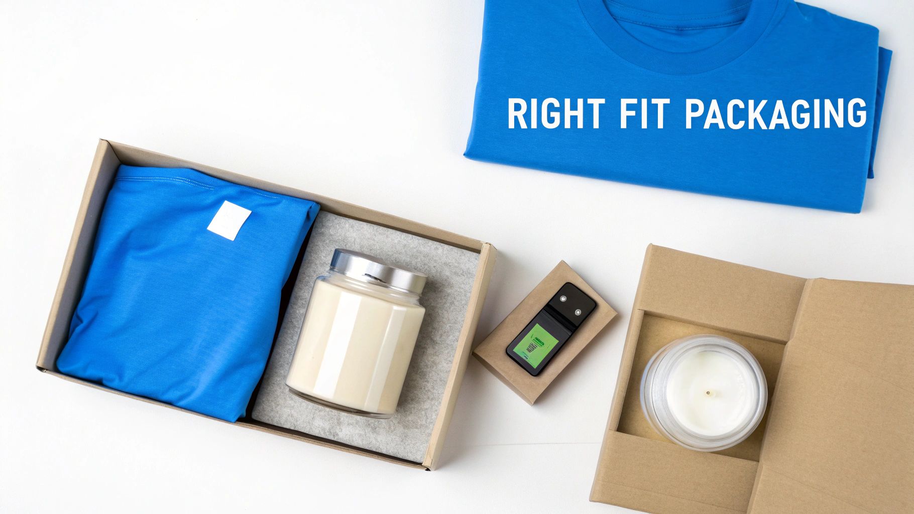 Various products like a blue t-shirt and candles perfectly fitted in eco-friendly cardboard packaging.