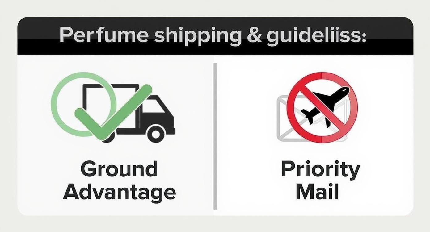 Perfume shipping guidelines showing ground advantage is allowed, but priority mail with air transport is not.
