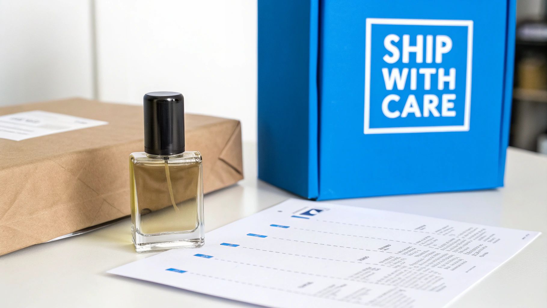 Perfume bottle, brown package, and blue 'SHIP WITH CARE' box on a table with a shipping document.