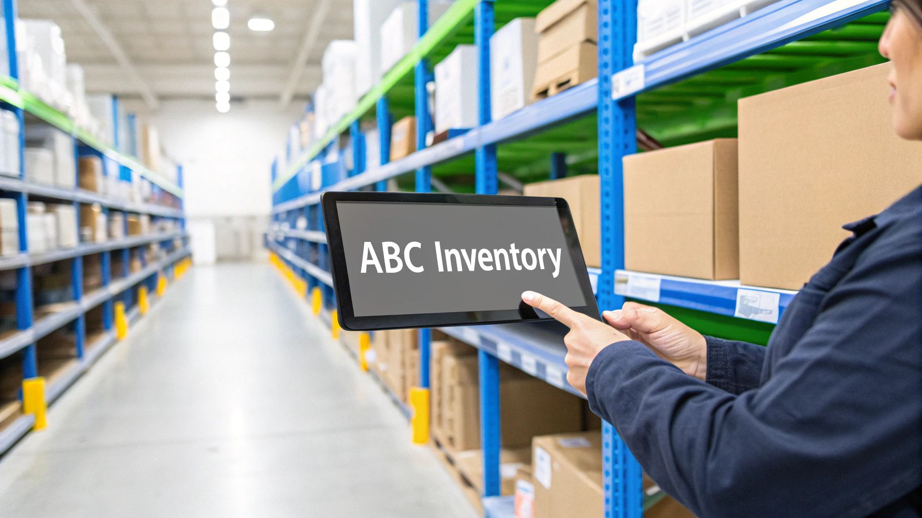 A person uses a digital tablet showing 'ABC Inventory' in a warehouse aisle.
