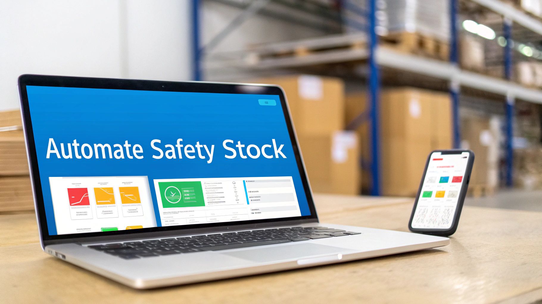 A laptop and smartphone display safety stock management software in a warehouse environment.