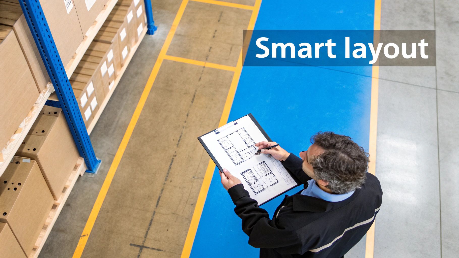 An overhead shot of a person reviewing warehouse layout plans on a clipboard amidst storage racks.