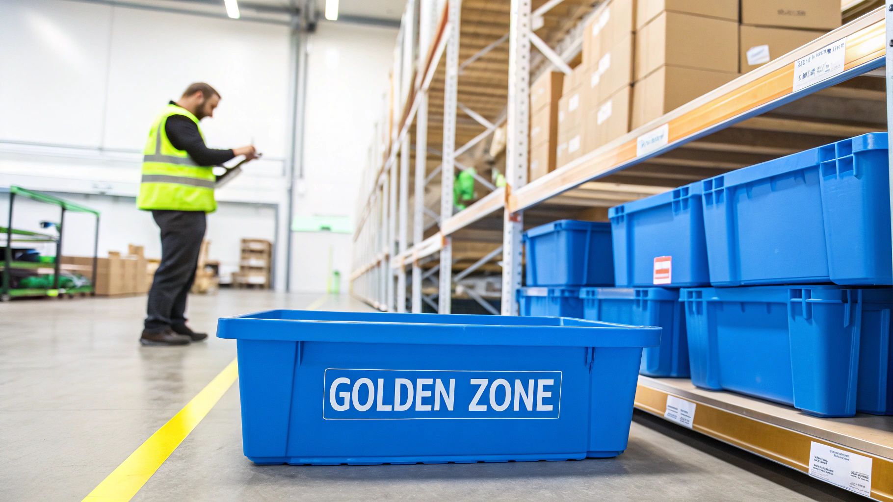 A man in a high-vis vest in a warehouse with shelves, boxes, and blue bins, one labeled 'GOLDEN ZONE'.