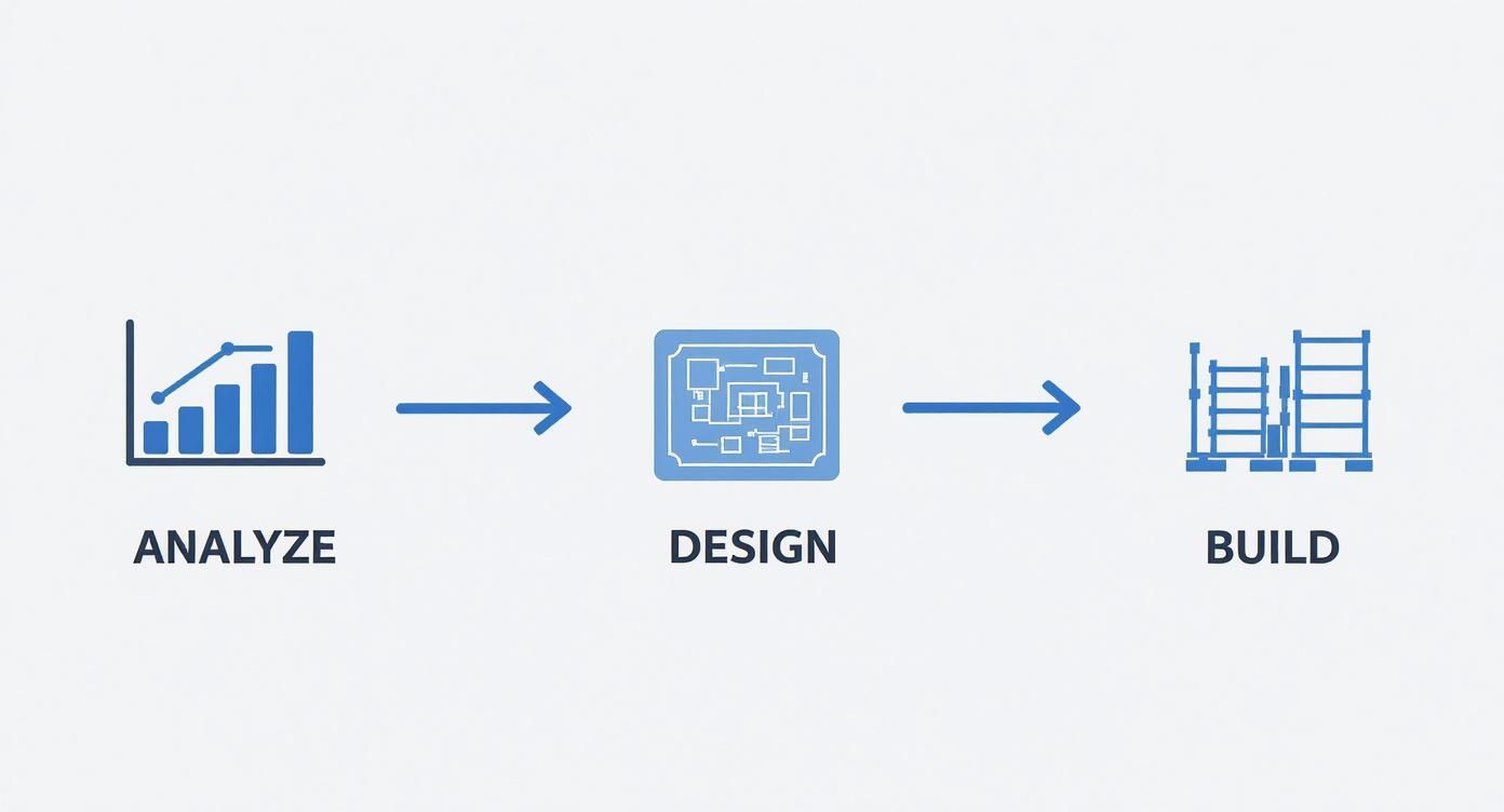A graphic depicting a three-step process: Analyze, Design, Build, with corresponding icons and arrows.