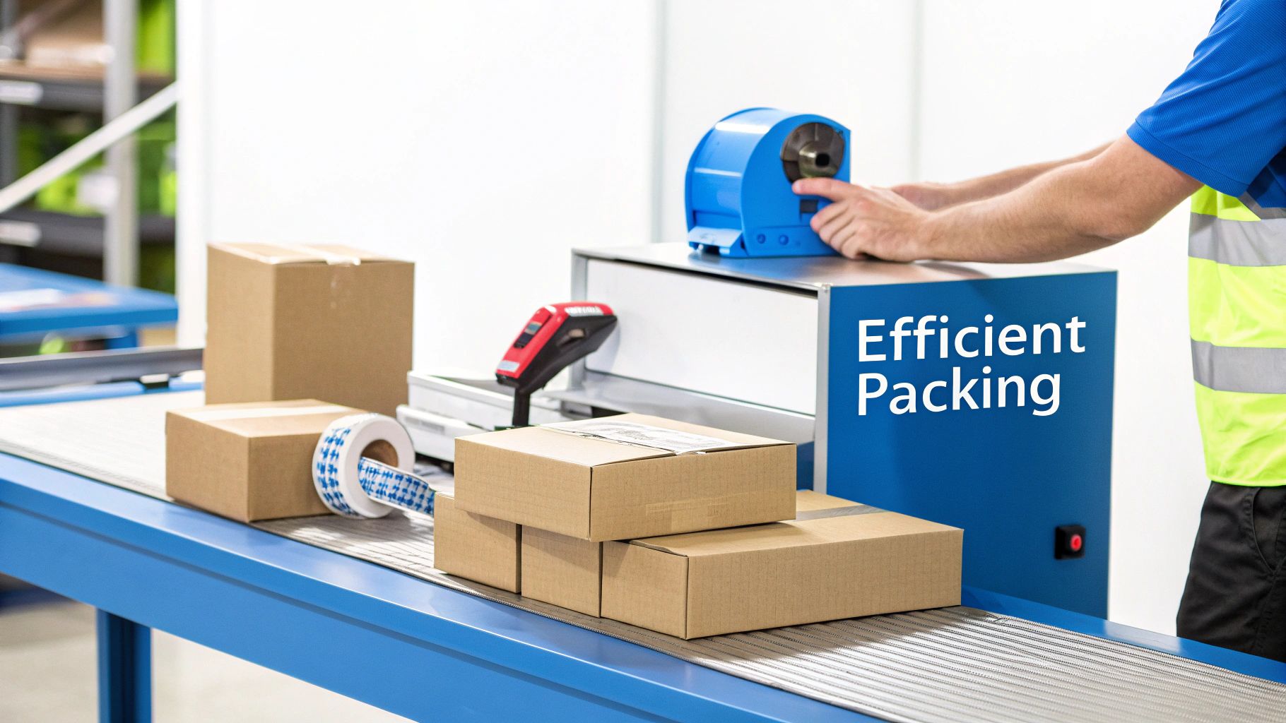 Worker at an efficient packing station preparing cardboard boxes for shipment on a conveyor belt.