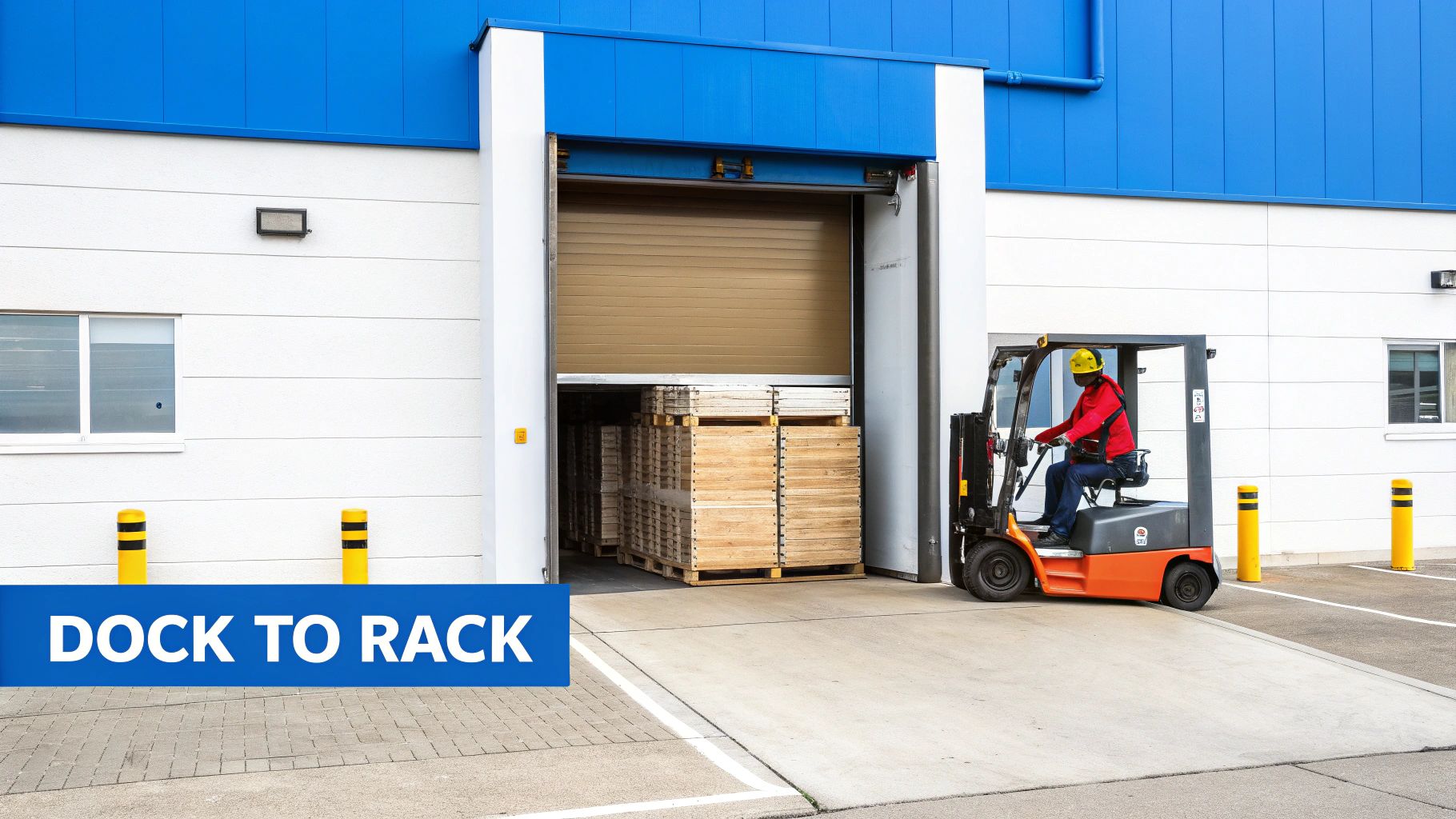 A forklift operator moves wooden pallets into a warehouse loading dock, illustrating efficient logistics.