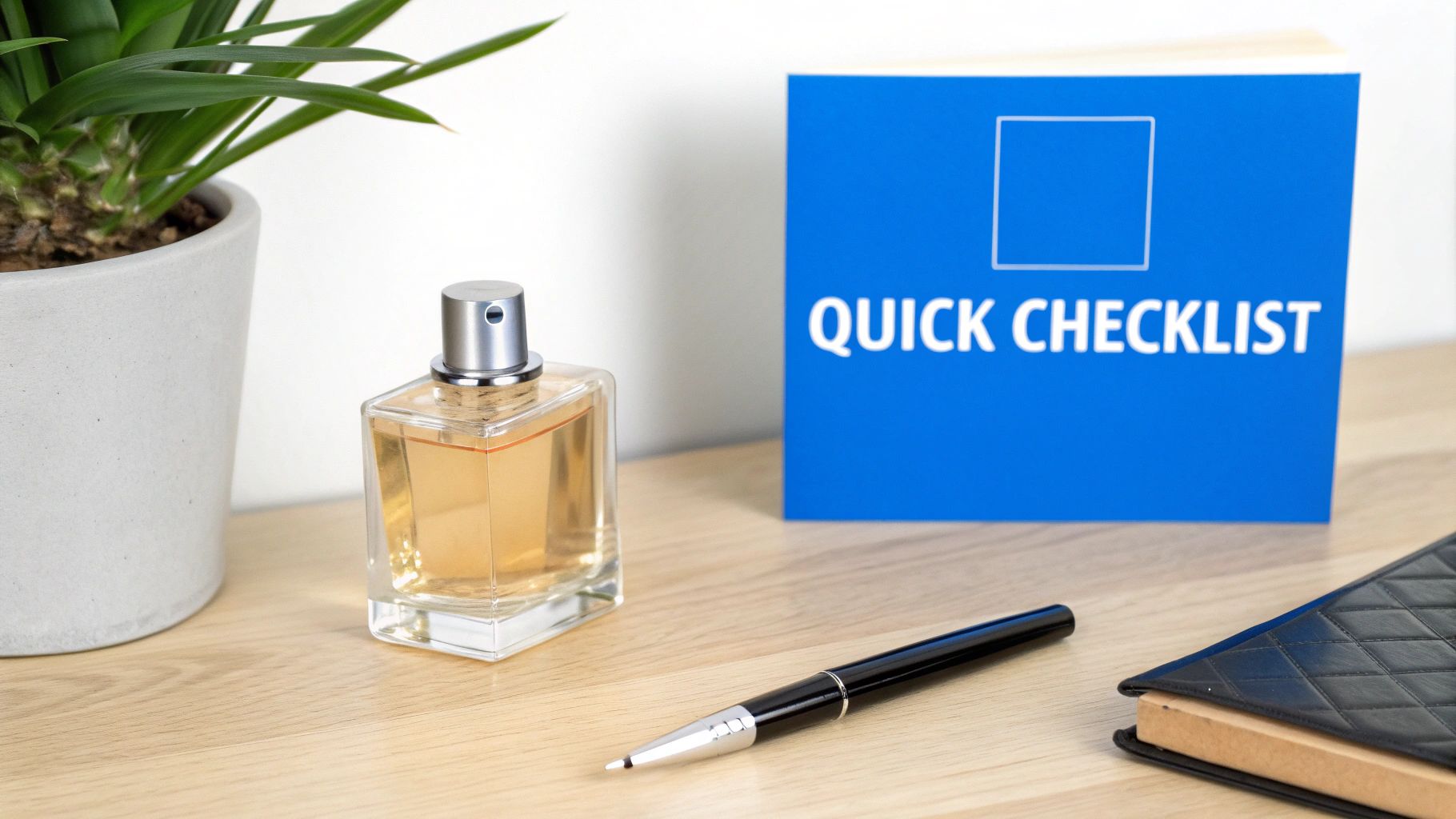 A minimalist desk setup with a plant, perfume bottle, pen, notebook, and 'Quick Checklist' sign.
