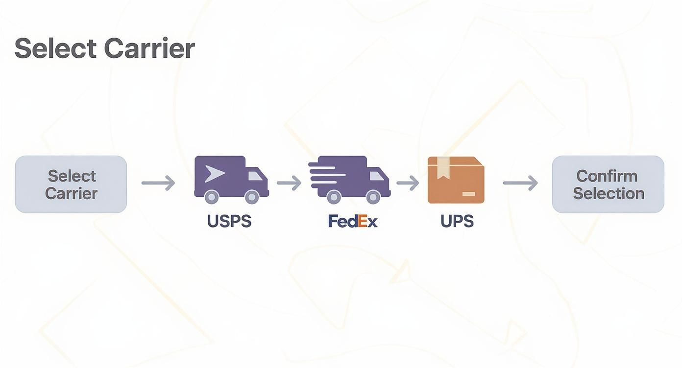 A flowchart depicting the process of selecting a shipping carrier: USPS, FedEx, or UPS, and confirming.