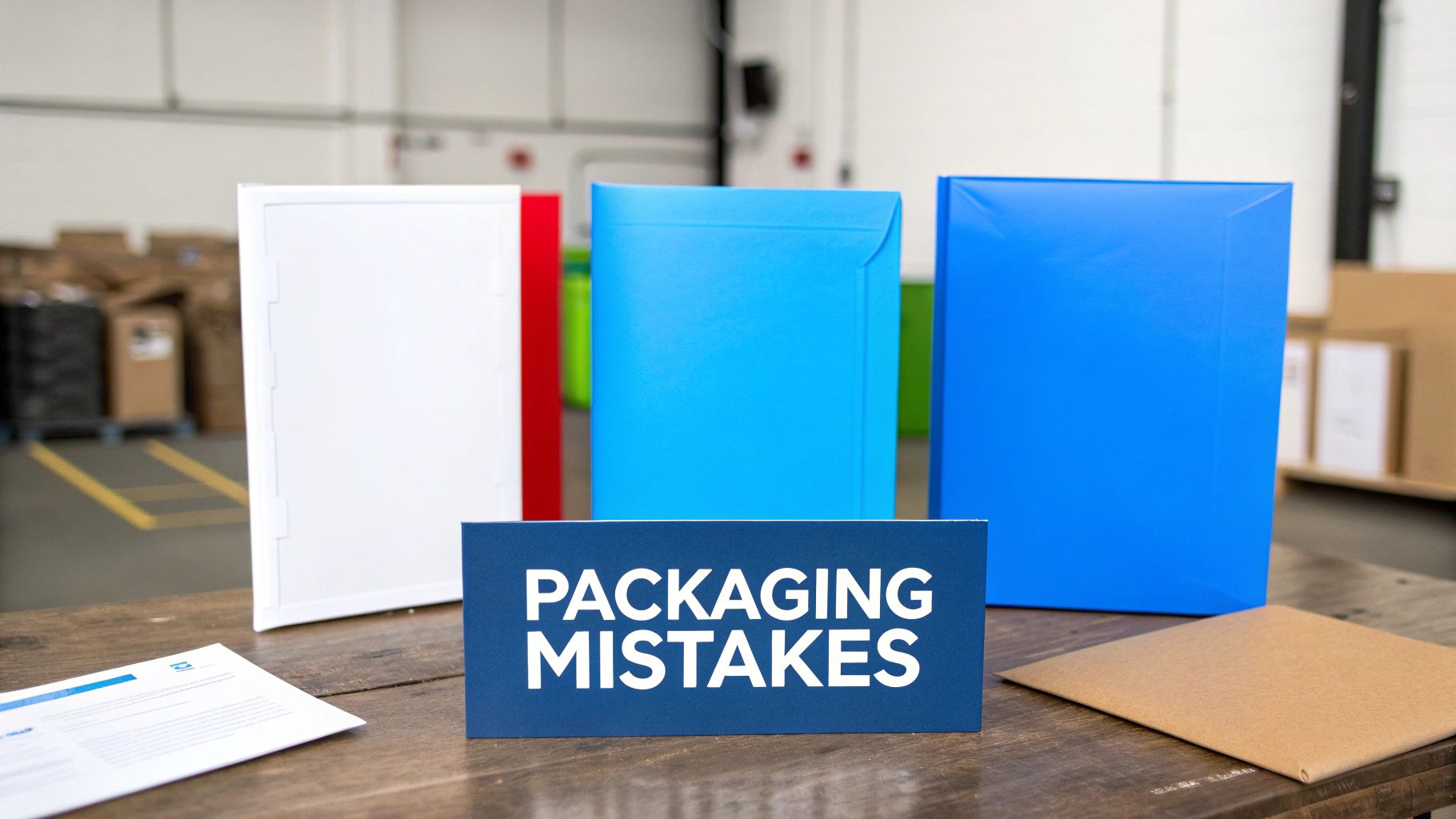 A blue sign on a wooden table reads 'PACKAGING MISTAKES', surrounded by various colorful mailers.