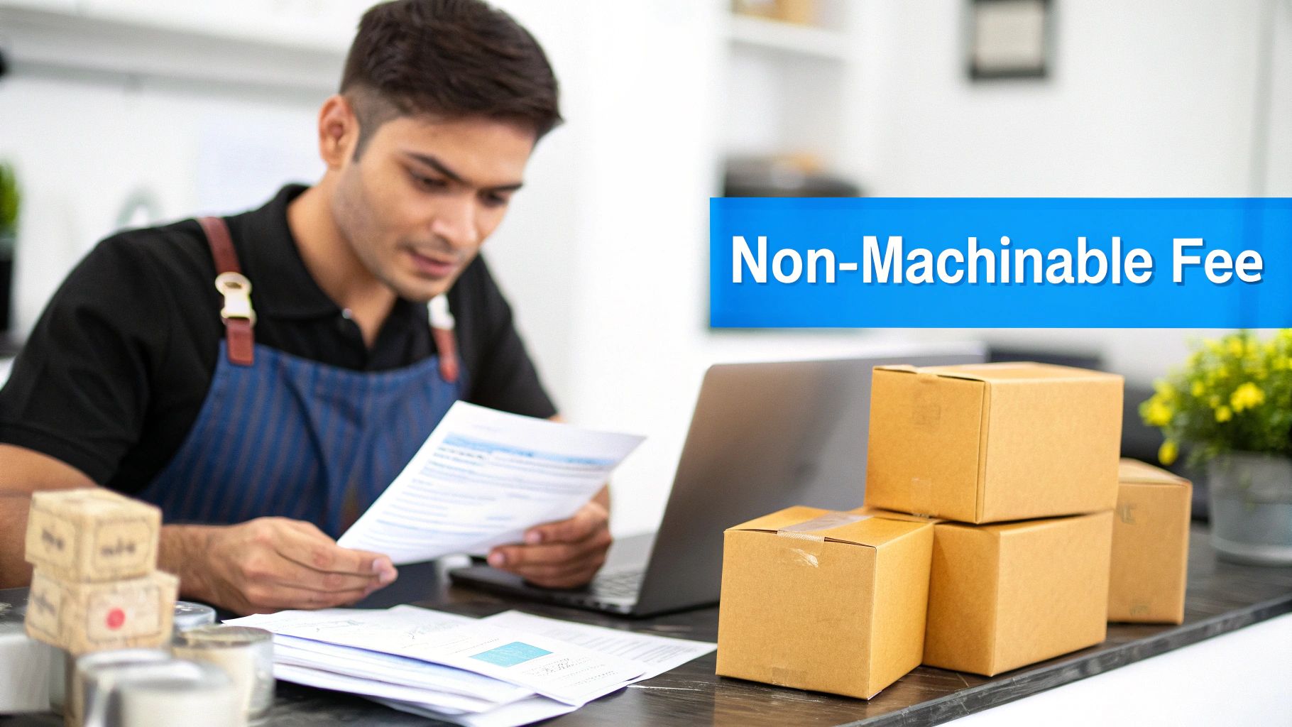 A man in an apron processes orders with a laptop, shipping boxes, and a 'Non-Machinable Fee' banner.