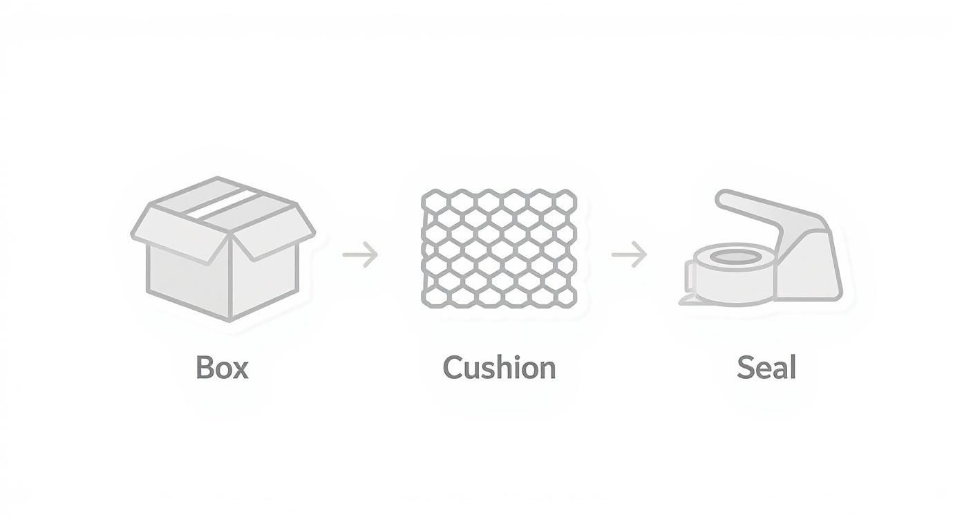 A sequence of icons: an open box, a cushioning material, and a tape dispenser with tape, indicating a packaging process.