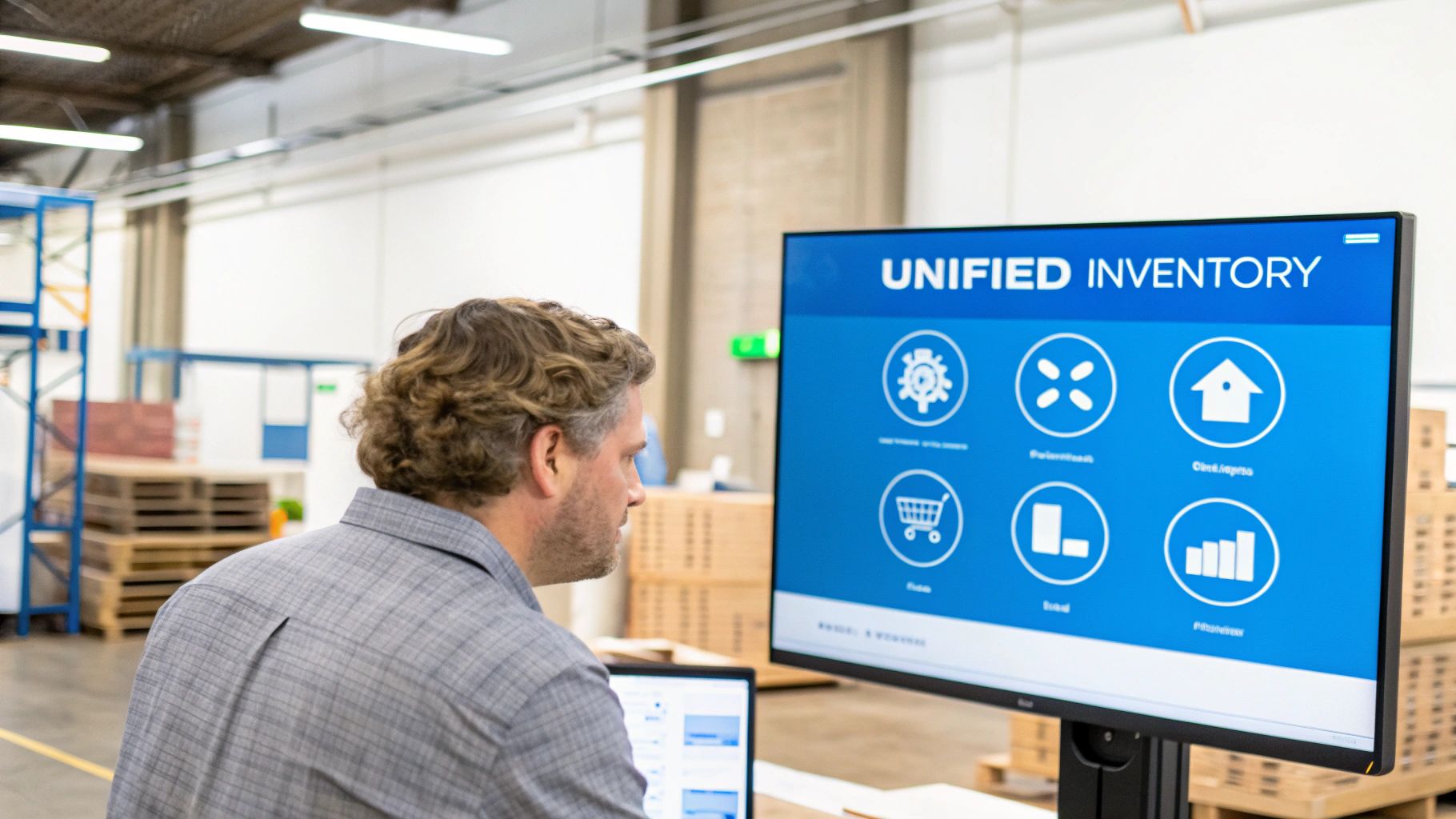 A man in a warehouse reviews unified inventory management software on a large screen and laptop.