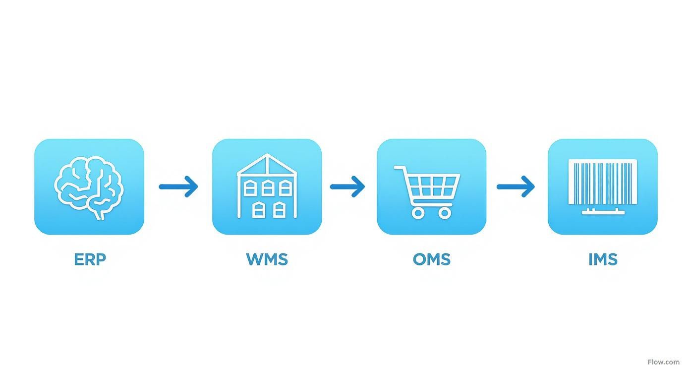 A conceptual flow diagram illustrating the connection between ERP, WMS, OMS, and IMS for inventory management.