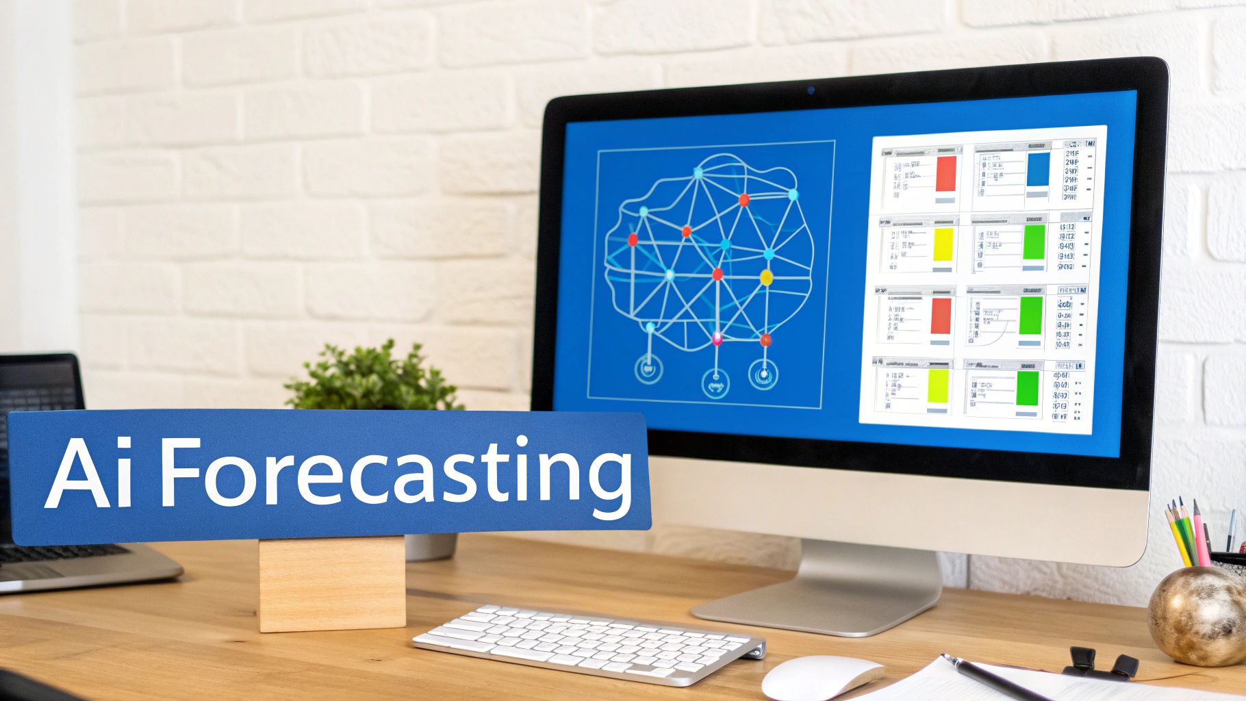 A 'Ai Forecasting' sign on a desk, with a computer displaying AI neural network and data charts.