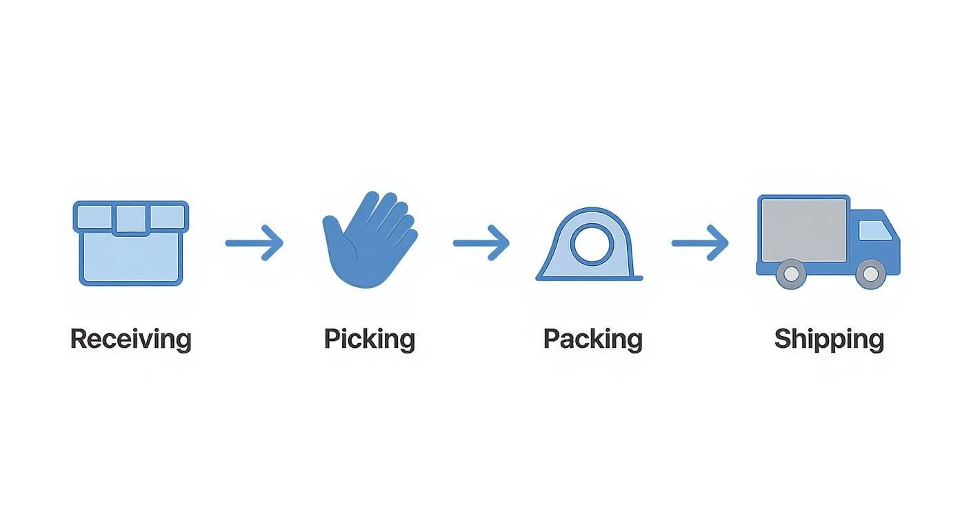 Flowchart illustrating the four-step e-commerce order fulfillment process: Receiving, Picking, Packing, and Shipping with icons.