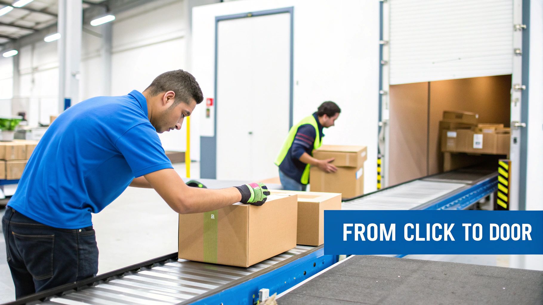Warehouse workers efficiently handle packages on a conveyor belt for e-commerce shipping and logistics.
