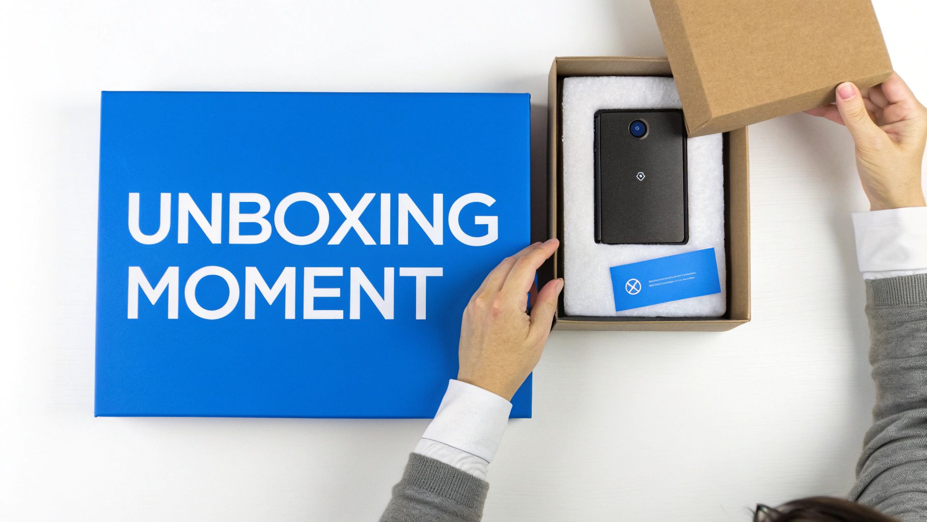 Hands unbox a new black electronic device from a brown package, next to a blue 'UNBOXING MOMENT' box.