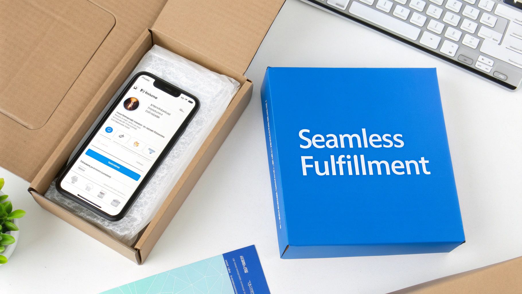 An open shipping box with a smartphone and a blue 'Seamless Fulfillment' package on a desk.