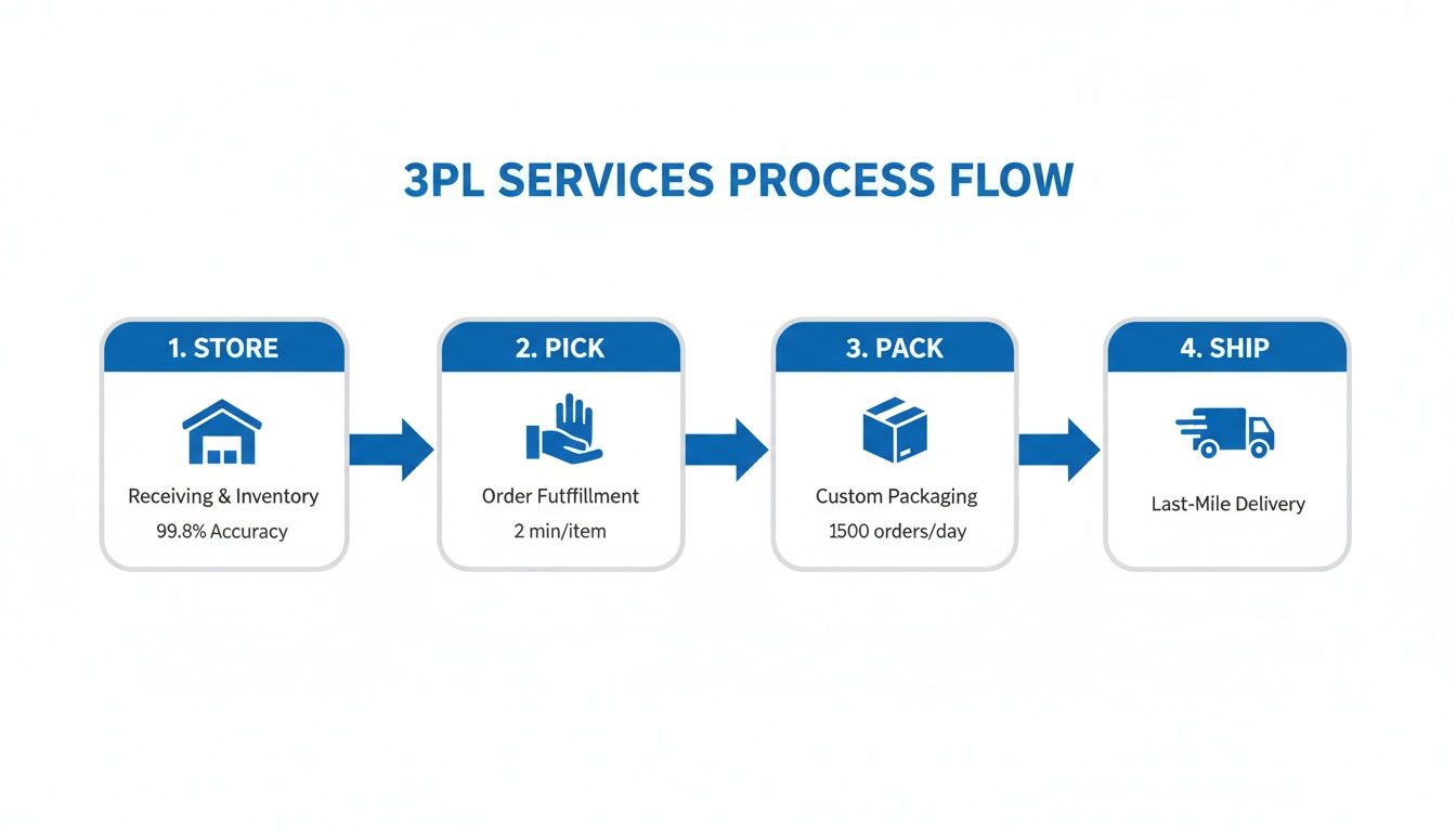 A flowchart illustrating the 3PL services process: store, pick, pack, and ship, with key metrics.