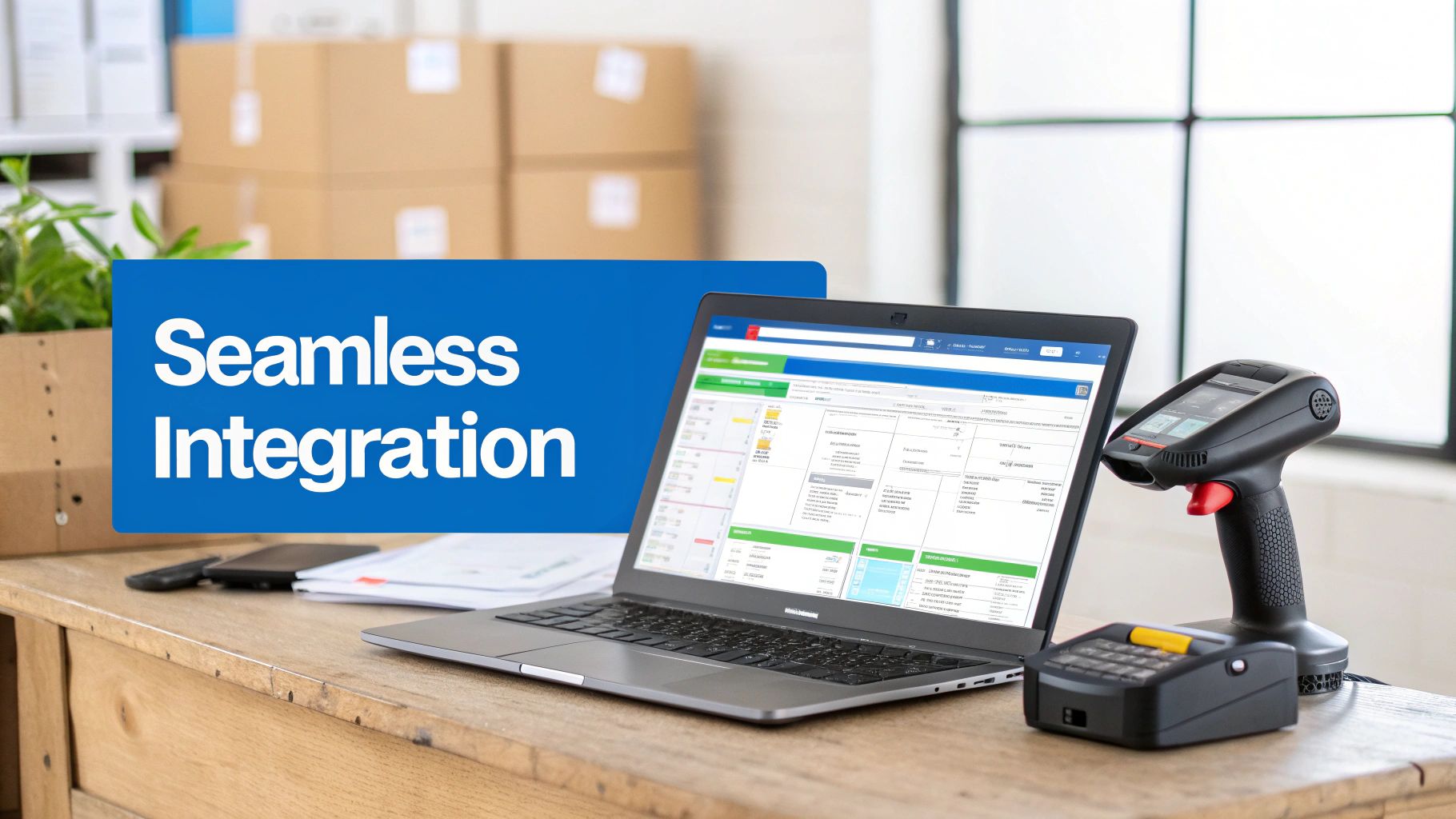 Laptop displaying logistics software, with a barcode scanner and payment terminal on a wooden desk.