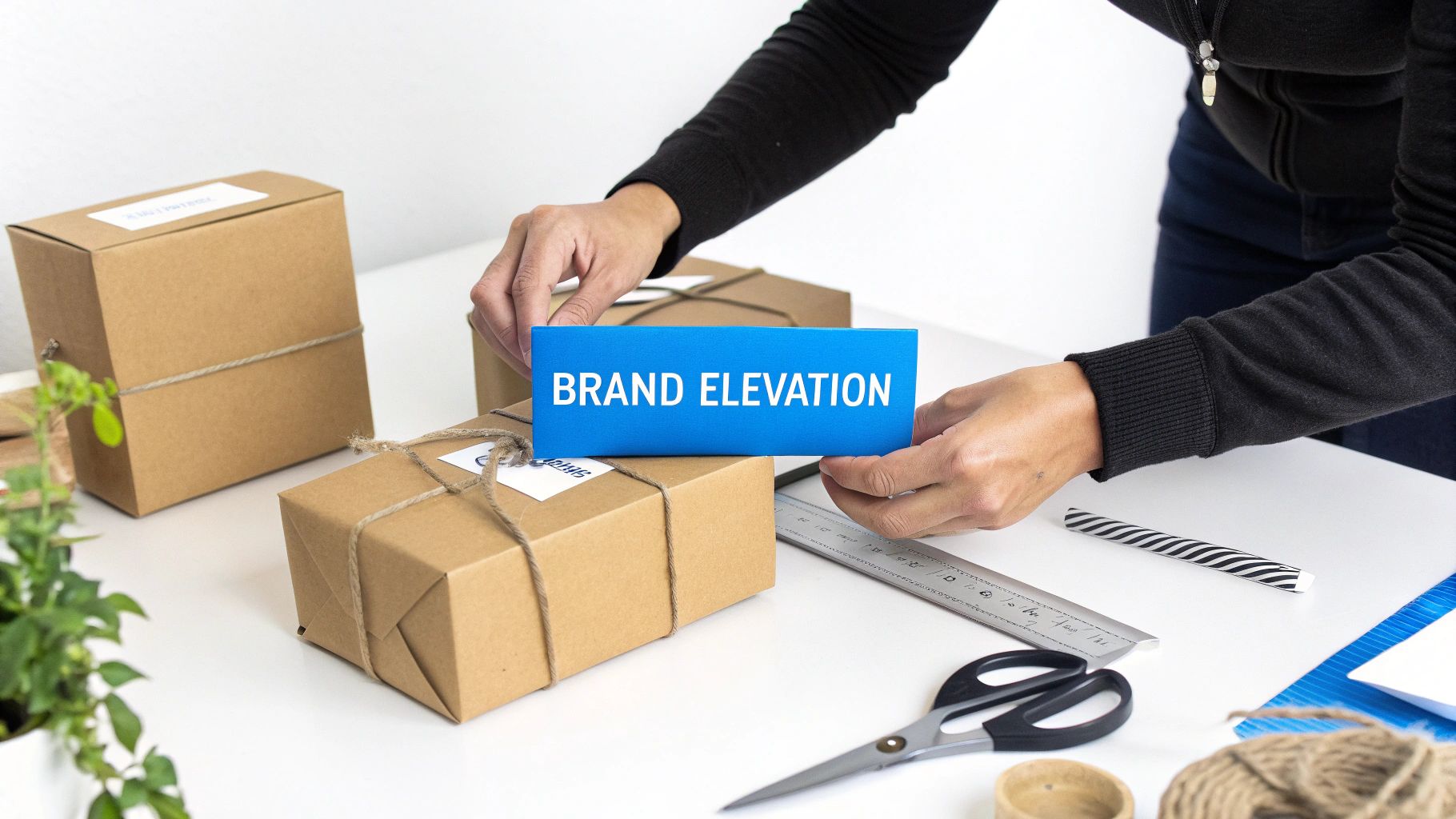 Person placing a blue 'BRAND ELEVATION' sign on a cardboard shipping box, with other packages.