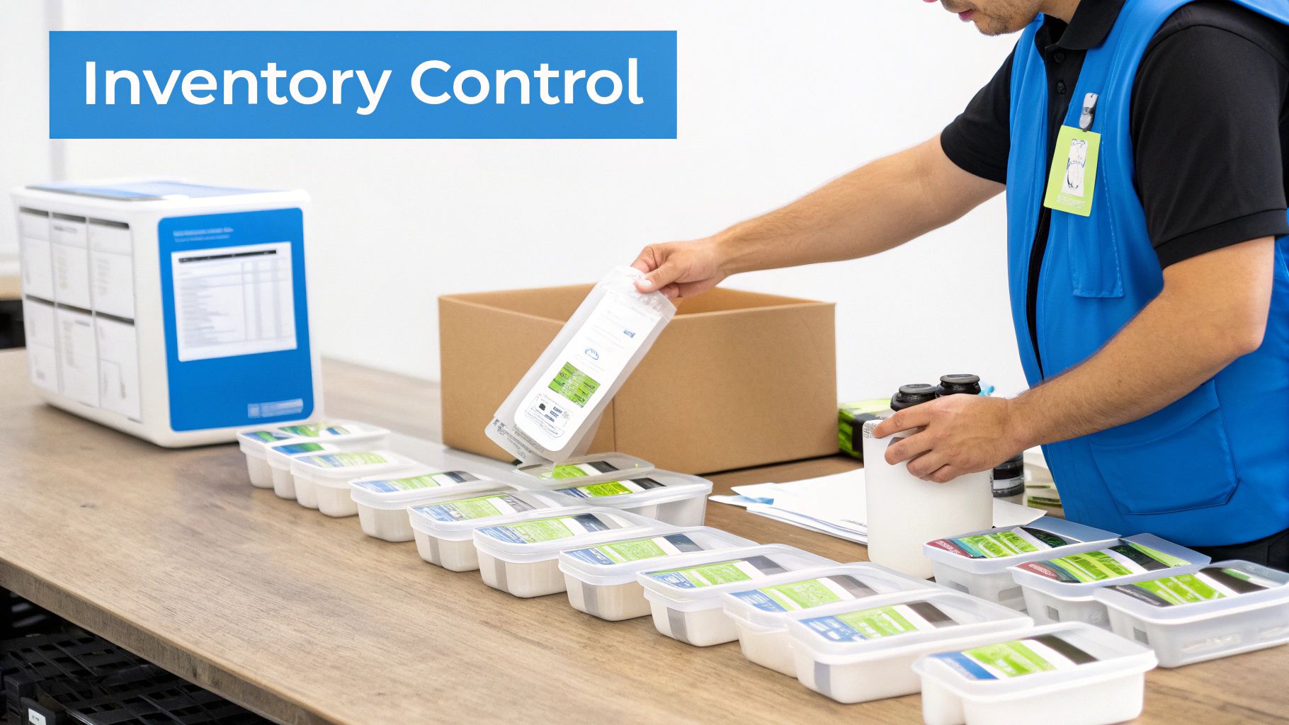 A worker in a blue vest manages inventory, packing products from a sorting machine into a box.
