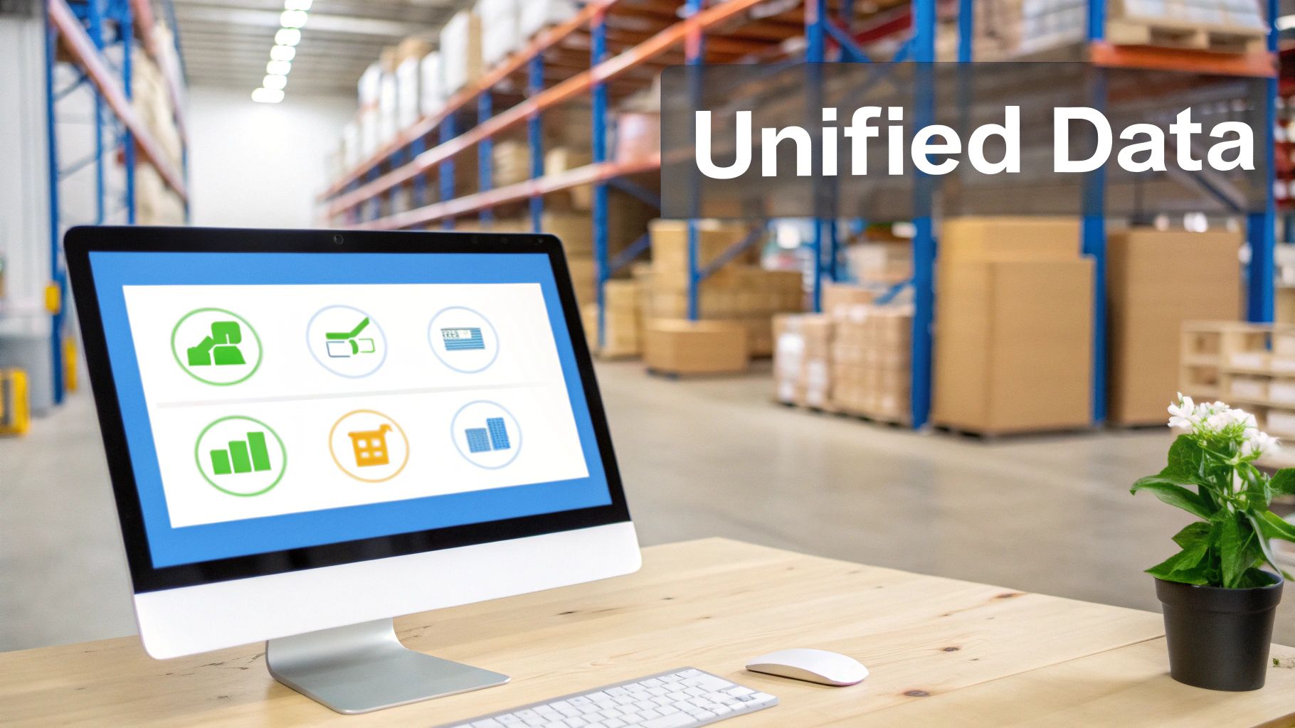 A computer on a desk displaying data icons, with a blurred warehouse and 'Unified Data' text in the background.