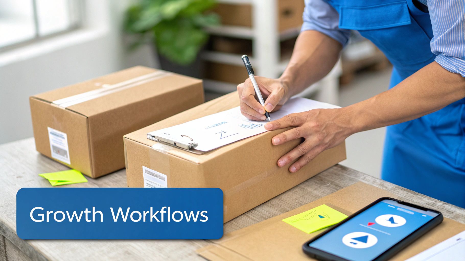 A person in a blue uniform writes on a clipboard atop a shipping box, with other packages and a delivery app visible.