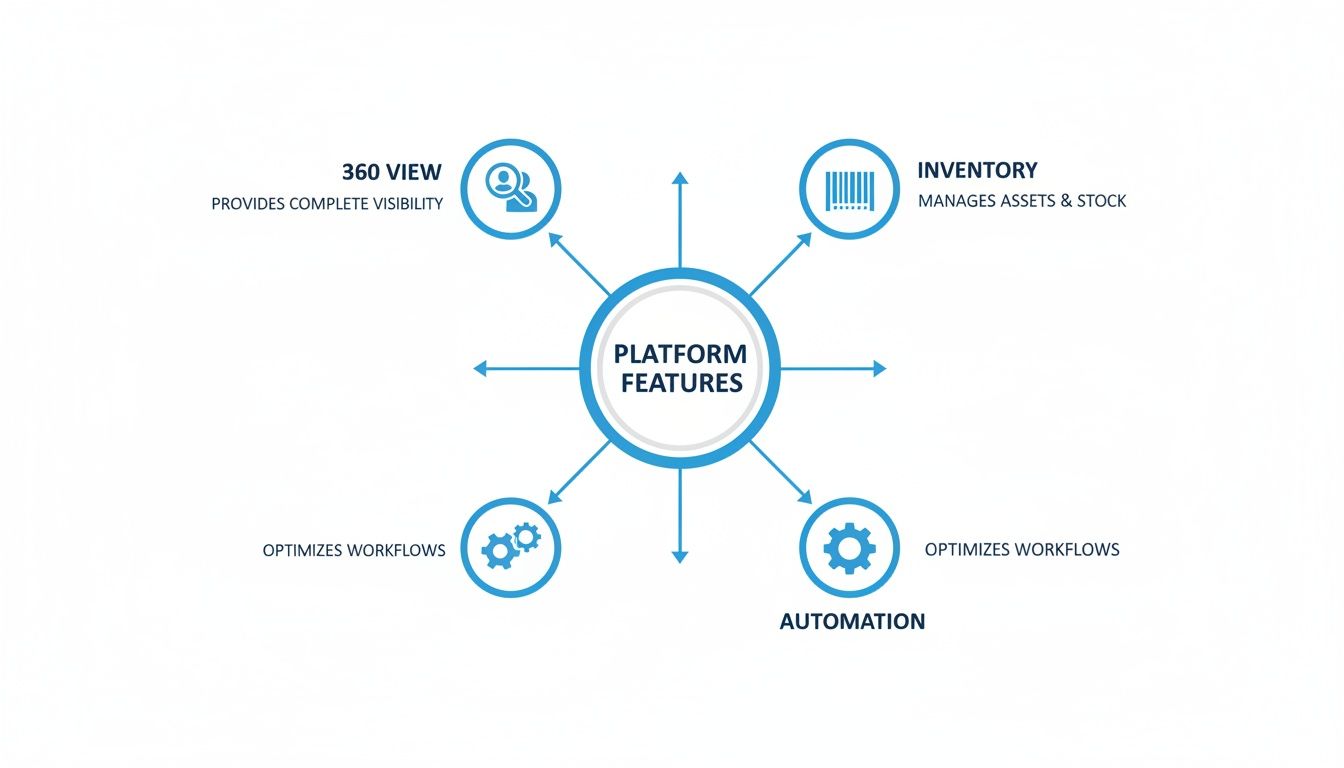 Diagram illustrating platform features: 360 view, inventory, automation, and workflow optimization.