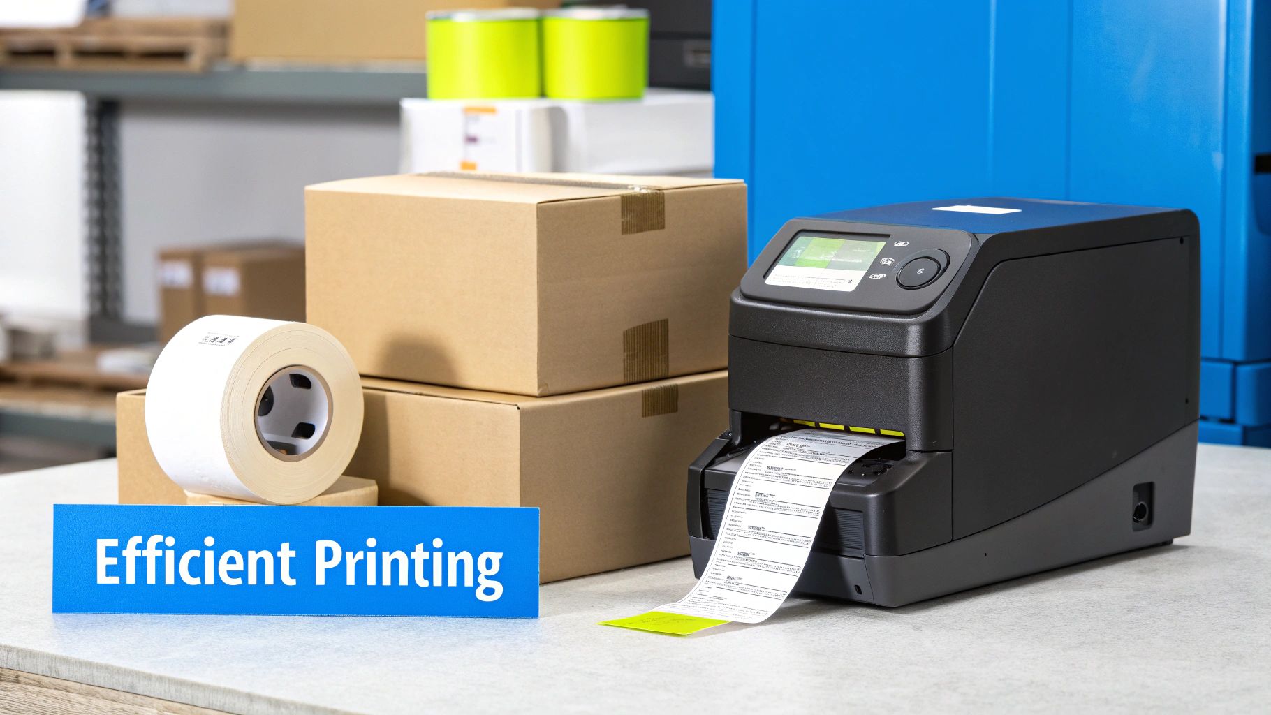 A black label printer actively prints a shipping label in a warehouse setting, surrounded by boxes.