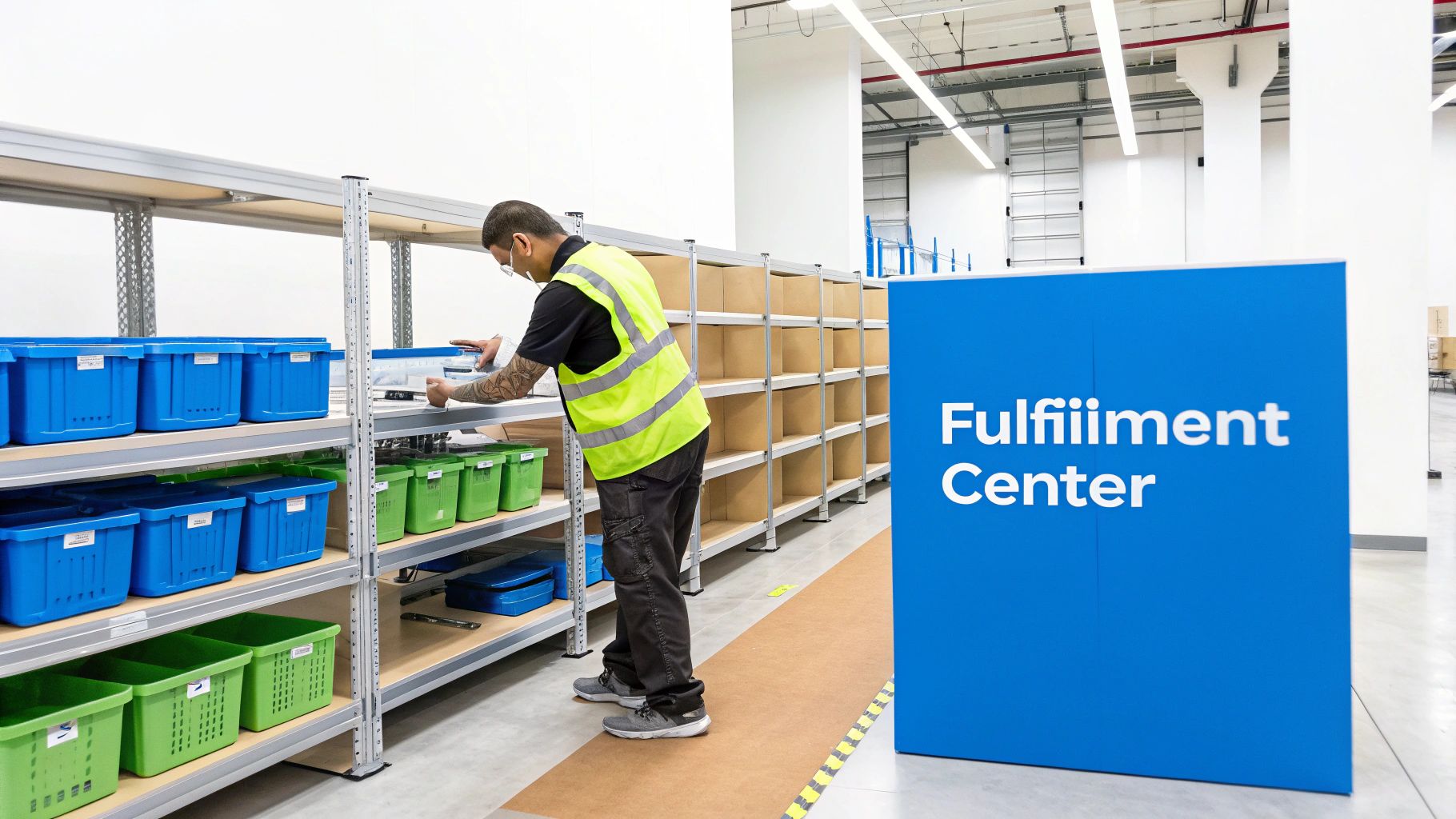 A man in a hi-vis vest works in a modern fulfillment center, organizing items on shelves with bins and boxes.