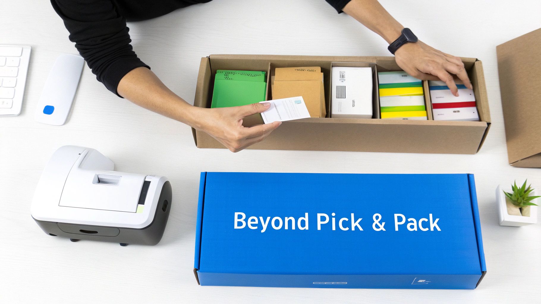 Hands are shown placing a small card into a brown shipping box filled with different products and documents.