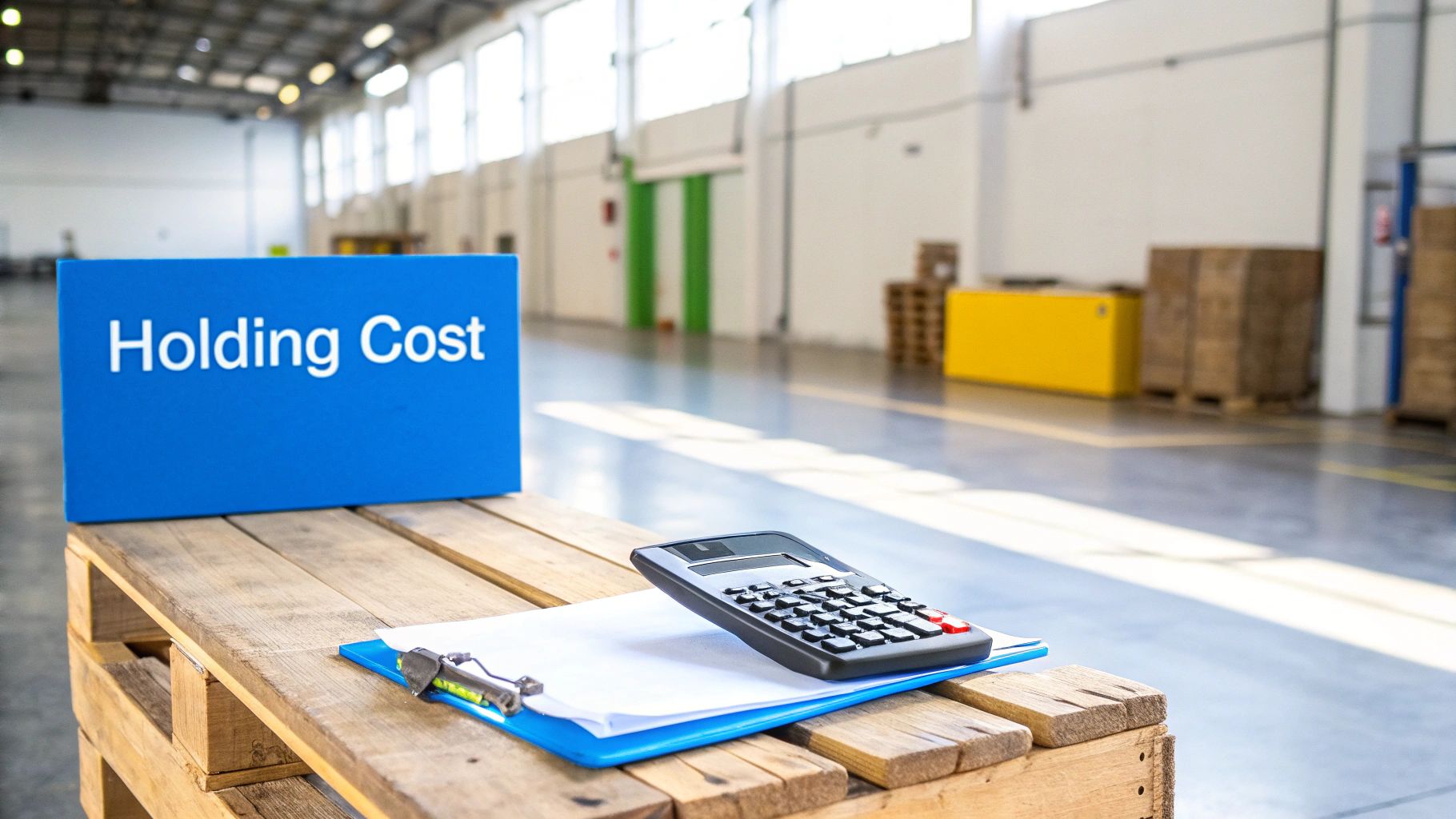 A blue 'Holding Cost' sign, calculator, and clipboard on a wooden pallet in a spacious warehouse.