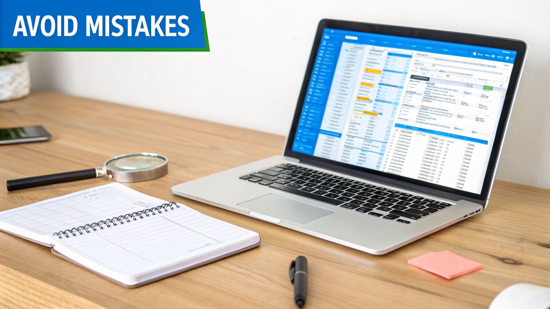 Desk with laptop displaying data, a notebook, magnifying glass, and a sign saying 'AVOID MISTAKES'.