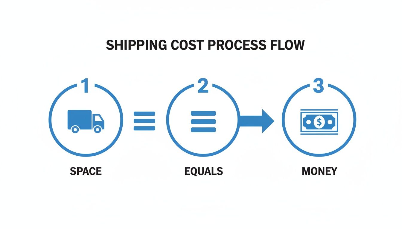 Shipping cost process flow showing space (truck) equals money (dollar bill) in three steps.