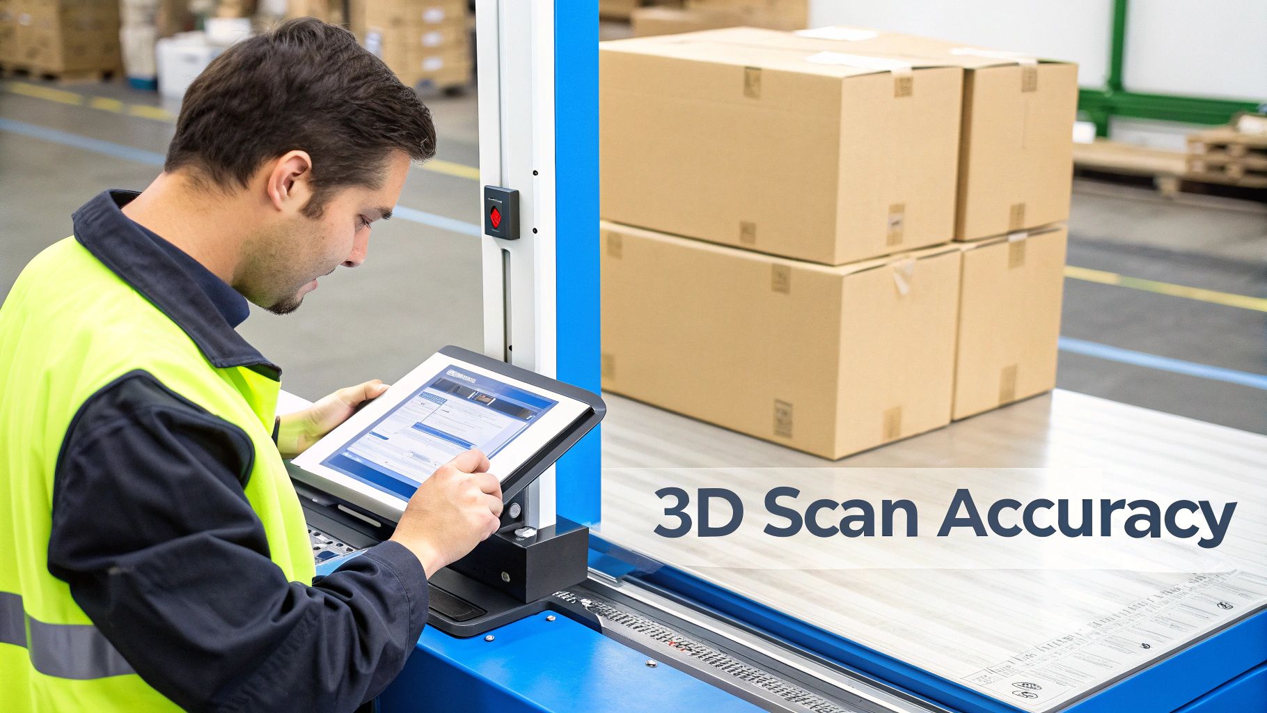 Warehouse worker uses a tablet to control a 3D scanning system for accurate package measurement.