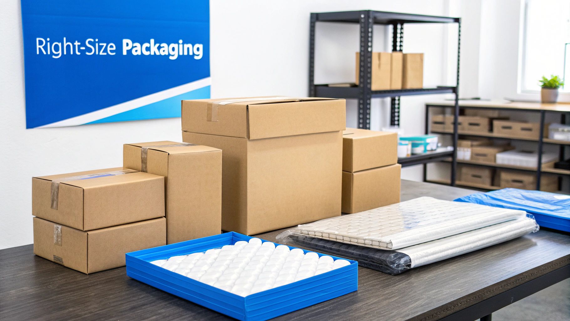 A variety of cardboard boxes, bubble wrap, and other packaging supplies on a table.