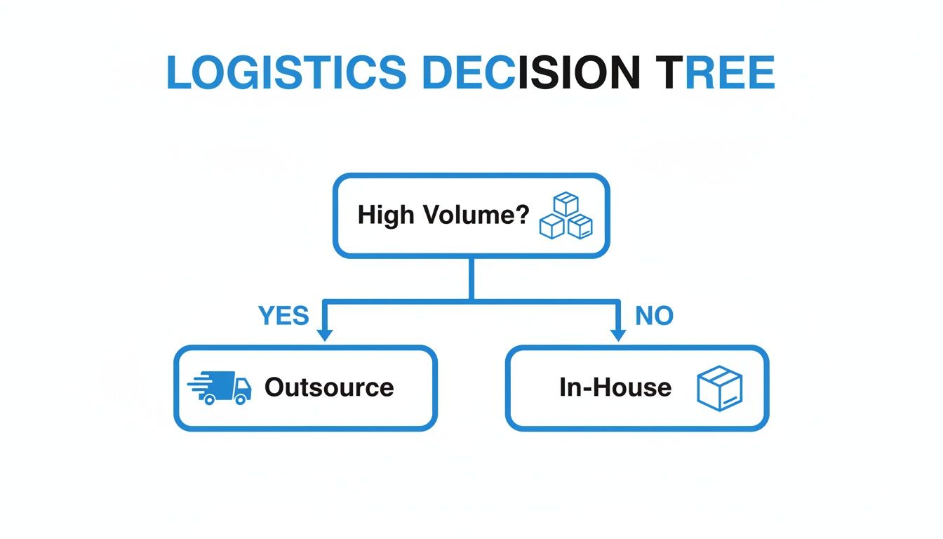 Decision tree illustrating logistics options: outsource for high volume, in-house for low volume.