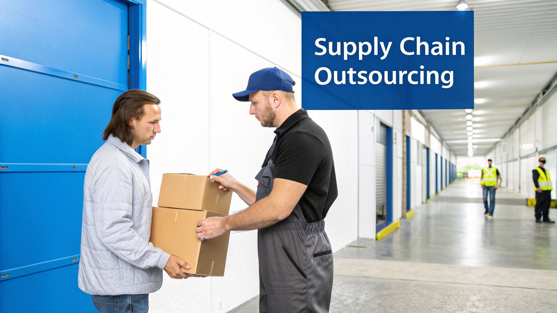 Two men exchanging packages in a modern warehouse, symbolizing supply chain outsourcing.
