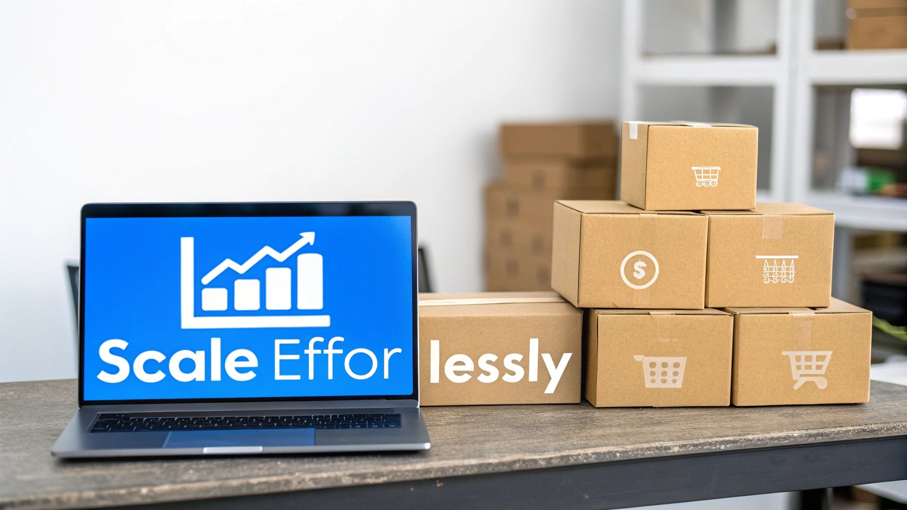 A laptop displays "Scale Effortlessly" with a growth graph, surrounded by cardboard shipping boxes with e-commerce icons.