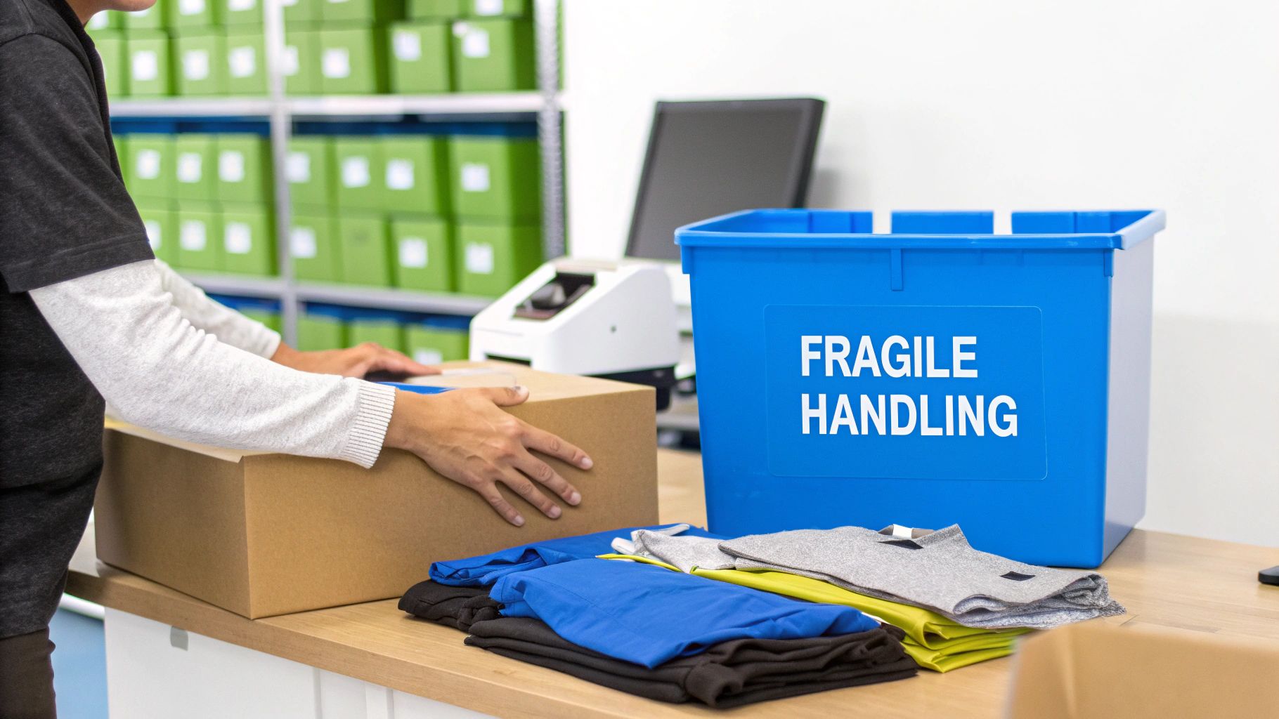 Hands packing a fragile item in a cardboard box at a warehouse station with sorted clothing.