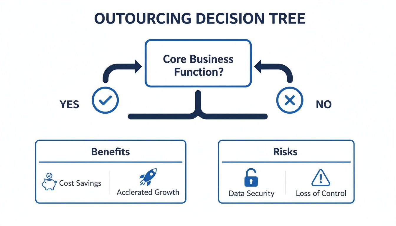 An outsourcing decision tree diagram showing core business function considerations, benefits, and risks.