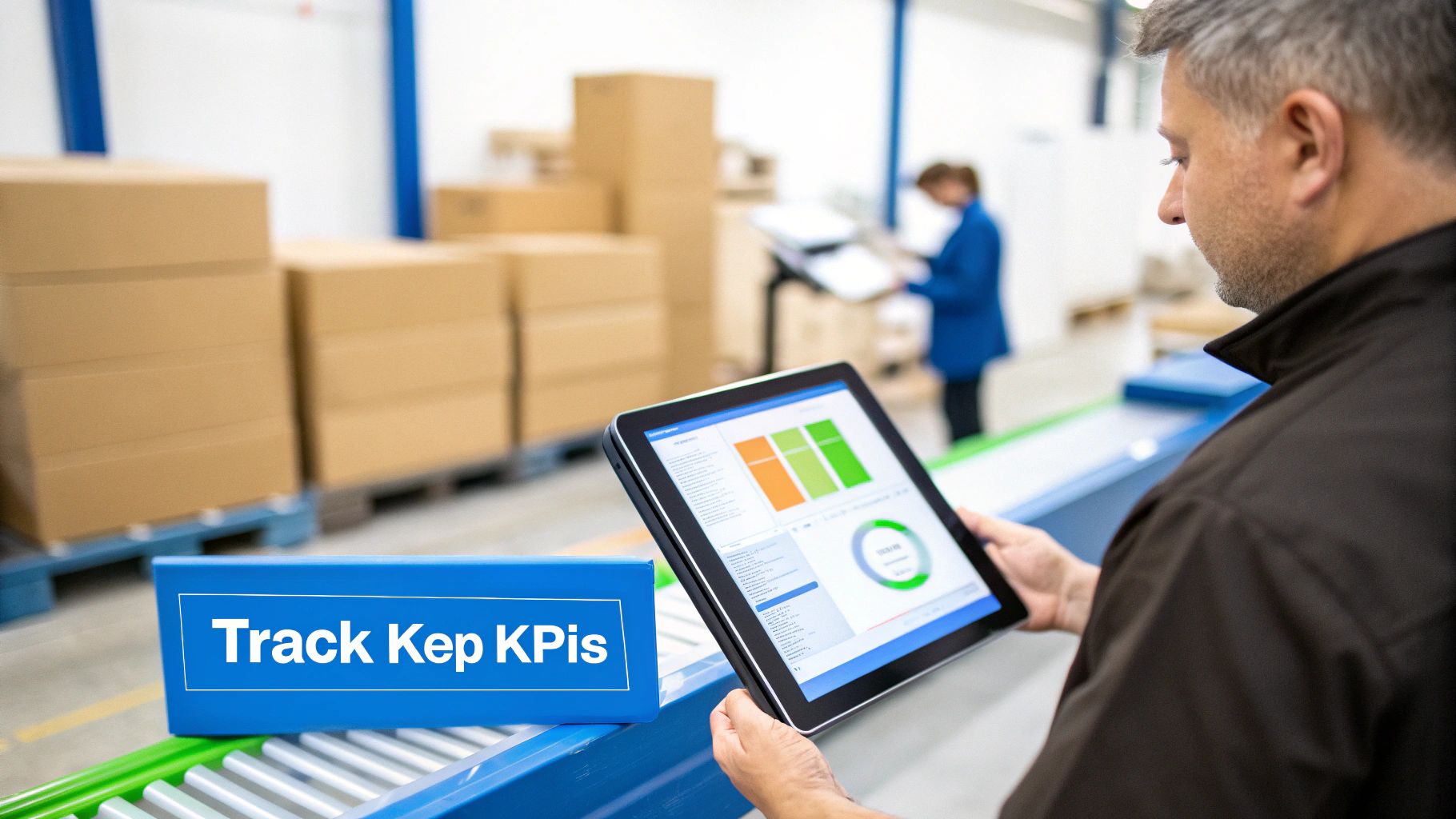 Logistics worker tracking key performance indicators on a digital tablet in a busy warehouse setting.